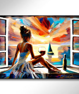Pondering  Pinot - women with wine art from Leanne Laine Fine Art