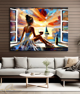 Pondering  Pinot - women with wine art from Leanne Laine Fine Art