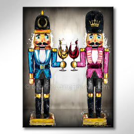 Two colorful nutcrackers with wine glasses on a gray background. Nutcracker Sweet wine art from Leanne Laine Fine Art