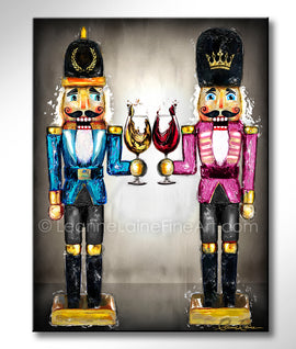 Two colorful nutcrackers with wine glasses on a gray background. Nutcracker Sweet wine art from Leanne Laine Fine Art