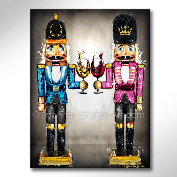 Two colorful nutcrackers with wine glasses on a gray background. Nutcracker Sweet wine art from Leanne Laine Fine Art
