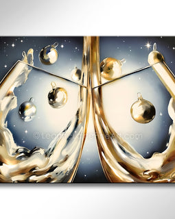 Decorative Christmas Holiday art with gold abstract design and celestial elements on a gray background. Holiday Elegance wine art from Leanne Laine Fine Art
