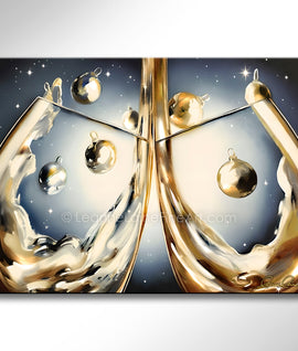 Decorative Christmas Holiday art with gold abstract design and celestial elements on a gray background. Holiday Elegance wine art from Leanne Laine Fine Art