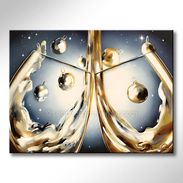 Decorative Christmas Holiday art with gold abstract design and celestial elements on a gray background. Holiday Elegance wine art from Leanne Laine Fine Art