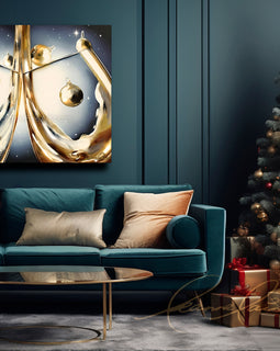 Living room with a blue sofa, decorative painting, and Christmas tree with presents. Holiday Elegance wine art from Leanne Laine Fine Art