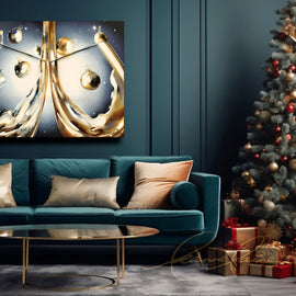 Living room with a blue sofa, decorative painting, and Christmas tree with presents. Holiday Elegance wine art from Leanne Laine Fine Art