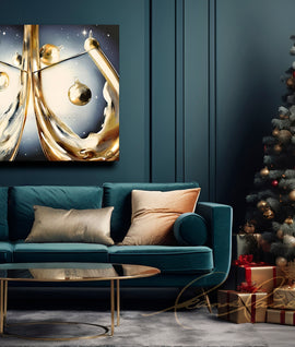 Living room with a blue sofa, decorative painting, and Christmas tree with presents. Holiday Elegance wine art from Leanne Laine Fine Art