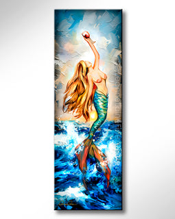 Painting of a mermaid in a dynamic pose with wine in hand on a colorful ocean background