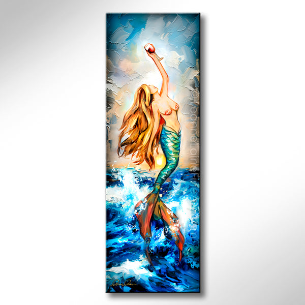 Painting of a mermaid in a dynamic pose with wine in hand on a colorful ocean background