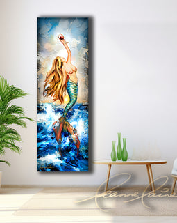 Mermaid and wine artwork on a wall in a modern living room