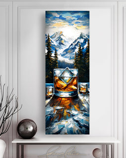 Painting of a glass of whiskey with ice cubes against a mountainous landscape on a white wall.