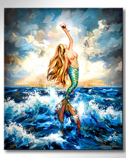 Painting of a mermaid in the ocean with a colorful abstract background