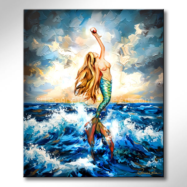 Painting of a mermaid in the ocean with a colorful abstract background