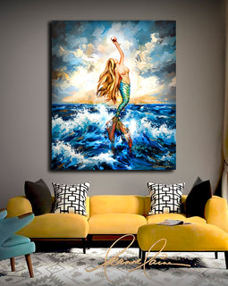 Living room with a yellow sofa, blue chair, and a large painting of a mermaid on the wall.