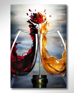 Abstract wine floral painting of two wine glasses with red and white wine splashing into a flower growing from a bottle.
