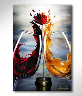 Abstract wine floral painting of two wine glasses with red and white wine splashing into a flower growing from a bottle.