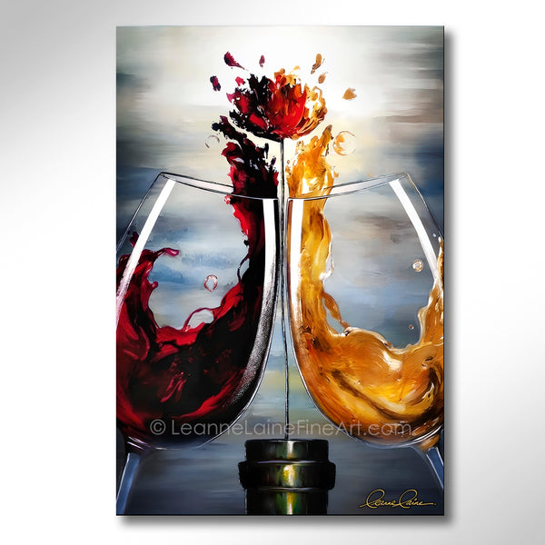 Abstract wine floral painting of two wine glasses with red and white wine splashing into a flower growing from a bottle.