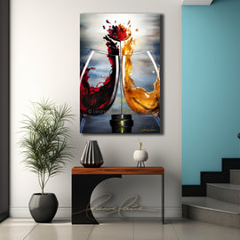 Abstract wine floral painting of two wine glasses with red and white wine splashing into a flower growing from a bottle on a wall above a console table.
