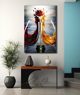 Abstract wine floral painting of two wine glasses with red and white wine splashing into a flower growing from a bottle on a wall above a console table.