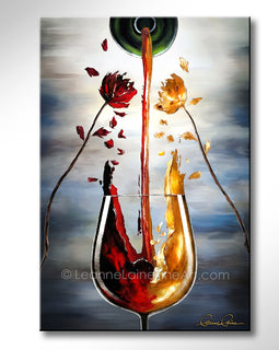 Abstract wine art painting of a wine glass with red and yellow flower petals falling from flowers into the glass.