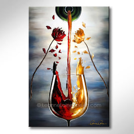 Abstract wine art painting of a wine glass with red and yellow flower petals falling from flowers into the glass.