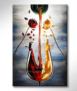 Abstract wine art painting of a wine glass with red and yellow flower petals falling from flowers into the glass.