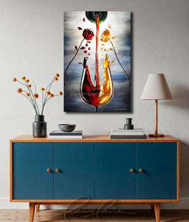 Blue cabinet with wooden top featuring am abstract wine art painting of a wine glass with red and yellow flower petals falling from flowers into the glass on a gray wall.