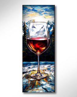Painting of a glass of wine outdoors against a snow covered mountain landscape