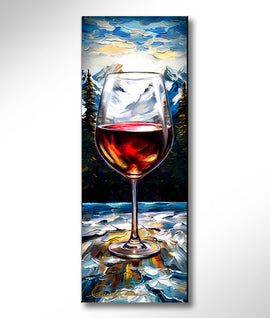 Painting of a glass of wine outdoors against a snow covered mountain landscape