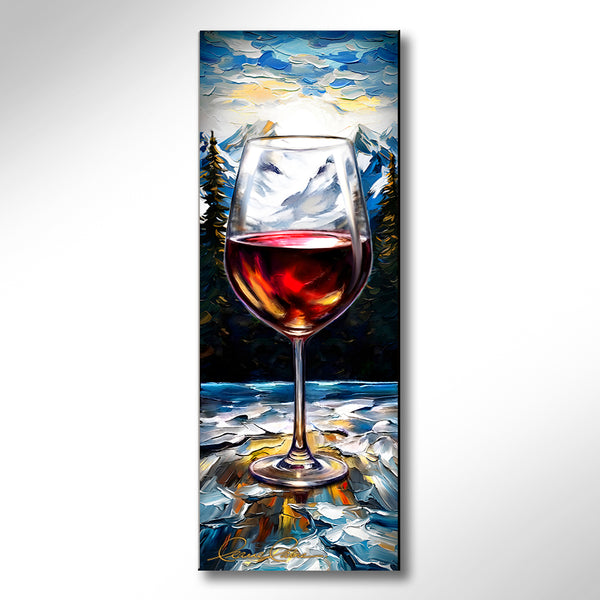Painting of a glass of wine outdoors against a snow covered mountain landscape