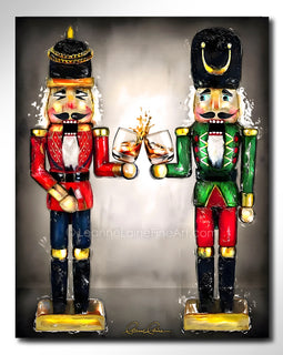 Two nutcrackers with whiskey bourbon glasses in hand against a neutral background