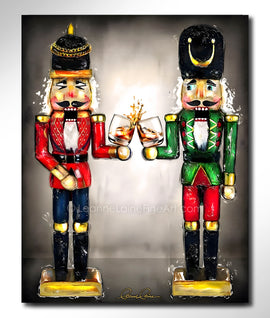 Two nutcrackers with whiskey bourbon glasses in hand against a neutral background
