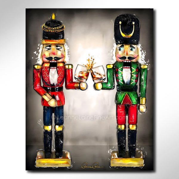 Two nutcrackers with whiskey bourbon glasses in hand against a neutral background