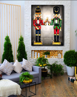 Two nutcrackers with whiskey bourbon glasses in hand displayed in a festive Christmas holiday decor room.