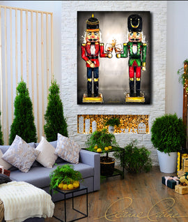 Two nutcrackers with whiskey bourbon glasses in hand displayed in a festive Christmas holiday decor room.
