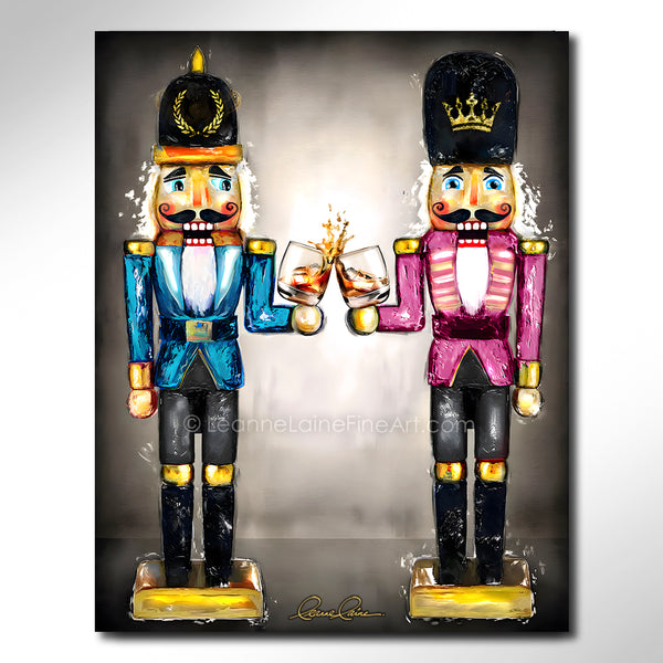 Two nutcrackers in pink and blue with whiskey bourbon glasses in hand against a neutral background