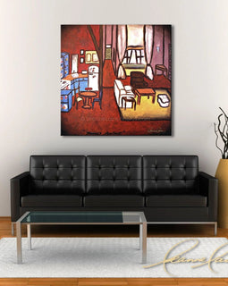 Living room with a black sofa, coffee table, and an abstract art collectable Friends TV show of Monica's apartment