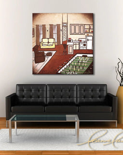 Living room with a black sofa, coffee table, and an abstract art collectable Friends TV show of Joey and Chandler's apartment