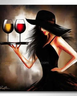 Wine art painting of a woman in a black dress and hat holding a tray with two wine glasses.